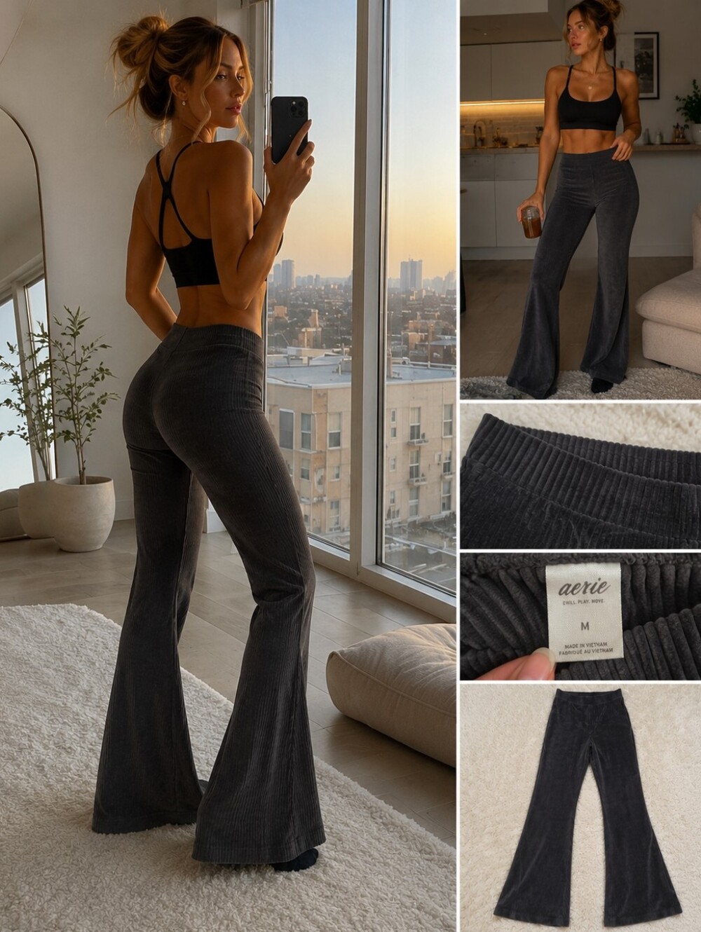 Aerie Charcoal Ribbed Velour Pull On Flare Pants Medium